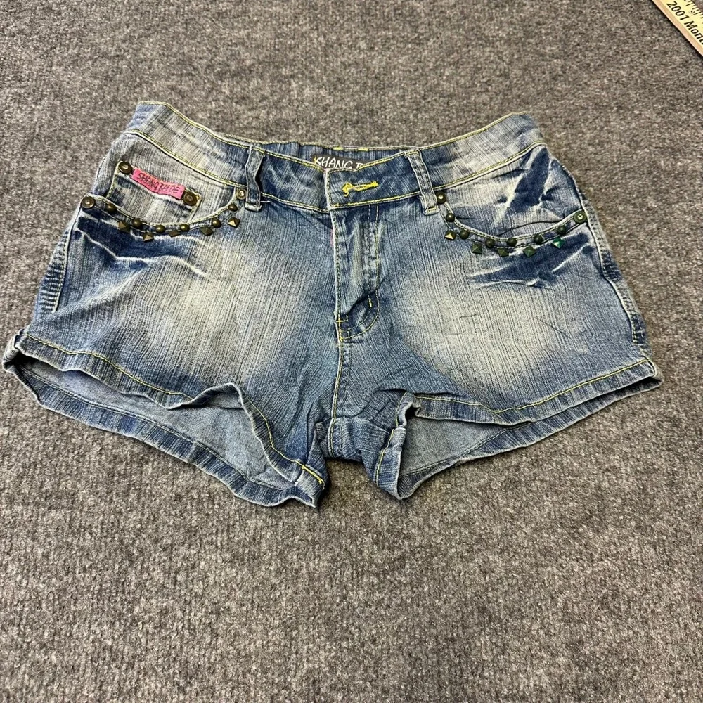 Shang Rai Denim Shorts Womens Size 27 Blue Y2K Studded Embroidered Low Rise